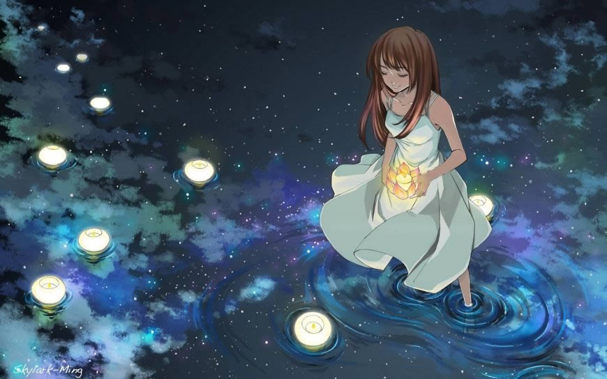 水里放灯的动漫美女高清壁纸图片 1680x1050
