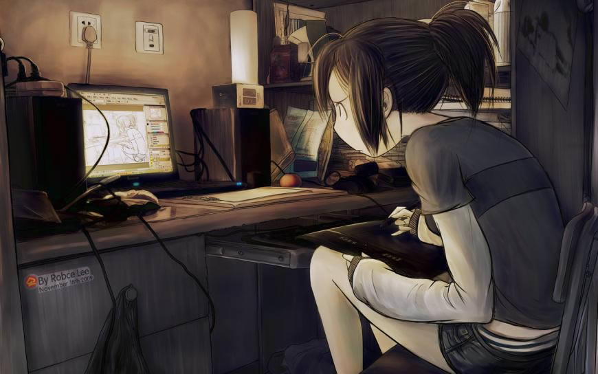 电脑前绘画的动漫妹子高清壁纸图片 1440x900