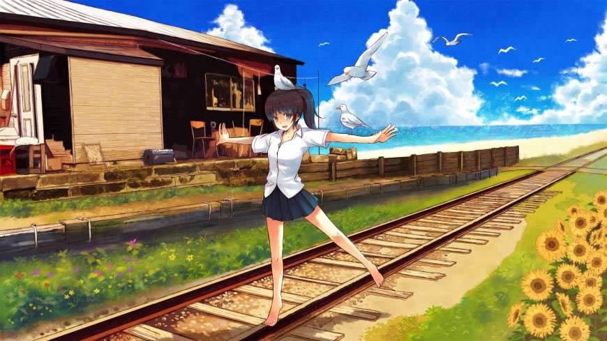 站在铁路上的动漫少女高清壁纸图片 2286x1285