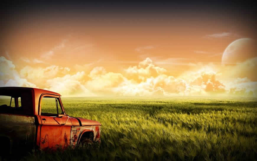 绿色麦田旁的红色老爷车高清壁纸图片 1920x1200