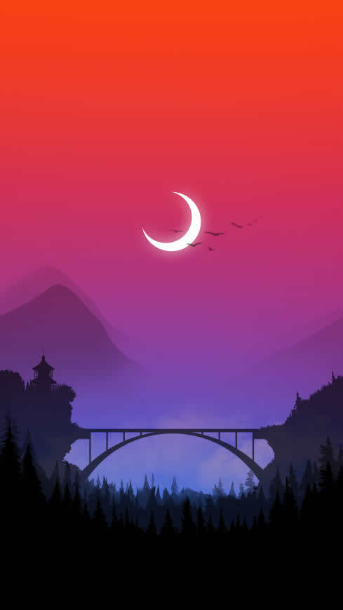 月亮 飞鸟 山脉 拱桥高清壁纸图片 2160x3840
