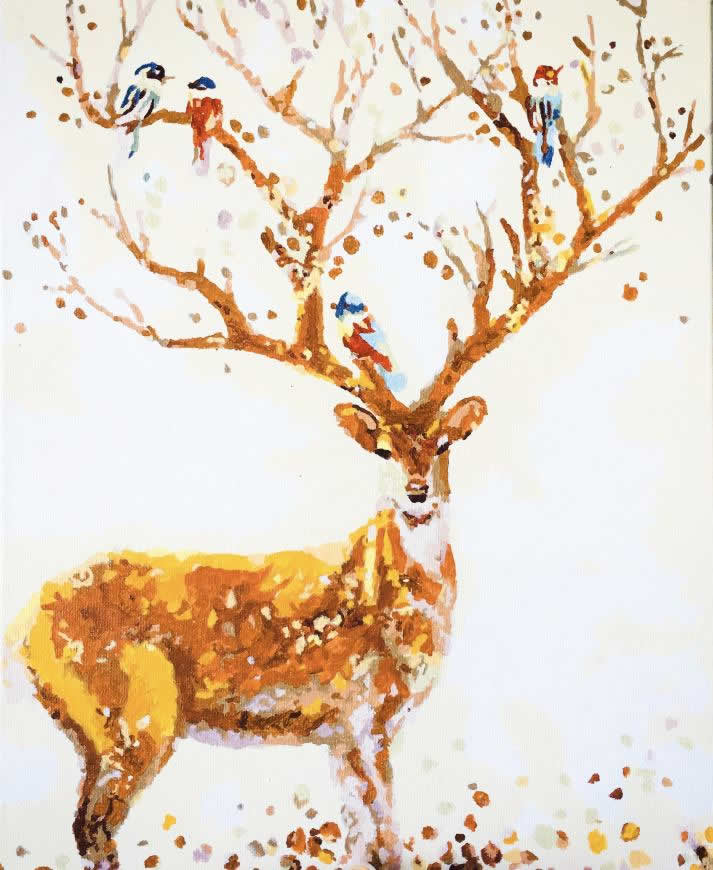 鹿 小鸟 水彩画高清壁纸图片 2346x2862