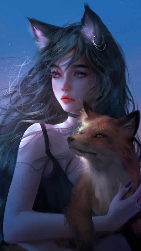 抱着狐狸的美女插画高清壁纸图片 2160x3840