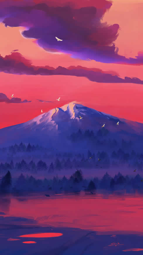 夕阳映红的湖泊和山脉插画高清壁纸图片 2160x3840