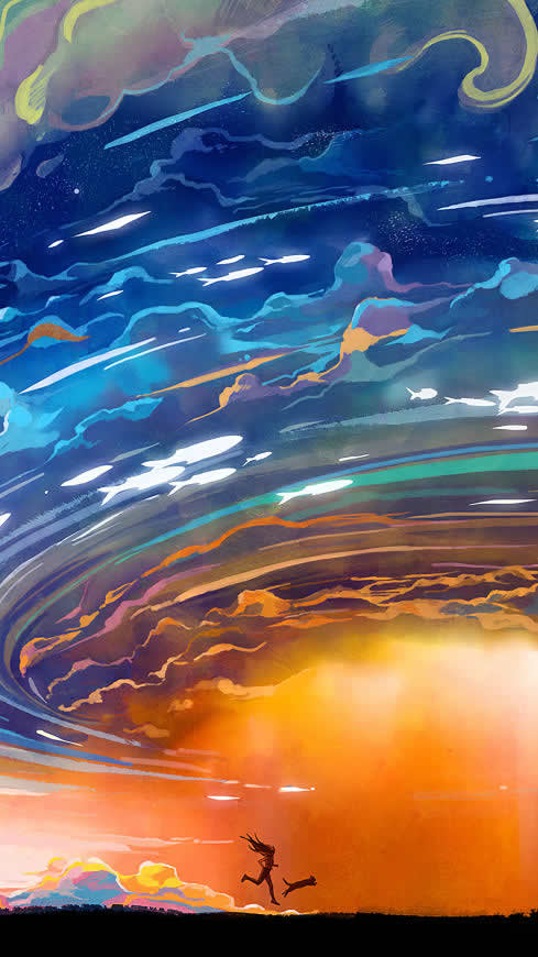 在暴风雨中奔跑插画艺术高清壁纸图片 2160x3840