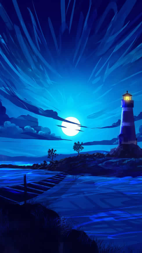 蓝色夜空下的灯塔插画高清壁纸图片 2160x3840