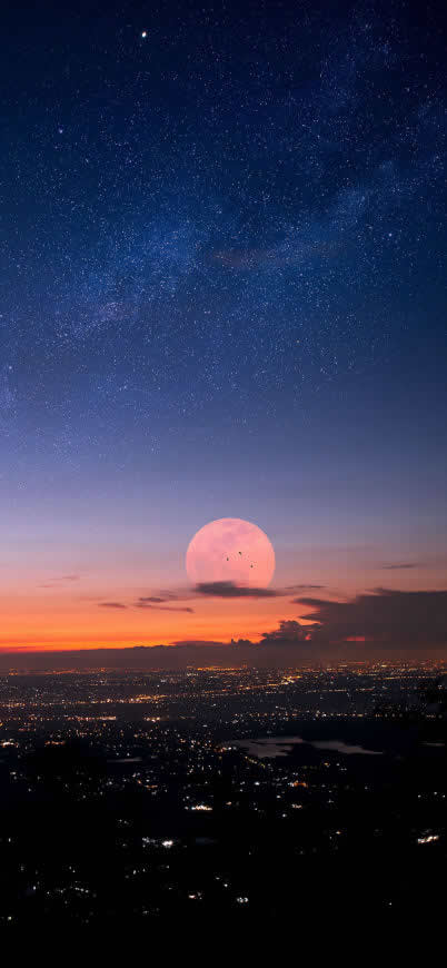 星空 晚霞 黑暗中的灯光高清壁纸图片 1407x3045