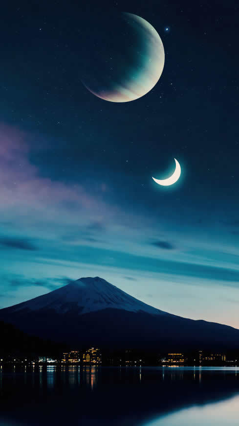 夜晚 月亮 富士山高清壁纸图片 2160x3840