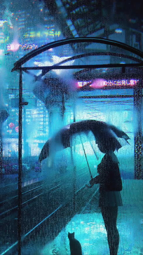 雨中等地铁的动漫女孩和猫咪高清壁纸图片 2160x3840