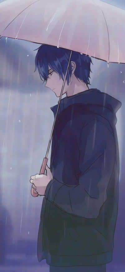 雨中的动漫男孩高清壁纸图片 1080x2337