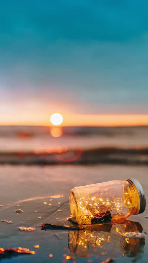 日落 沙滩 玻璃瓶高清壁纸图片 1440x2560