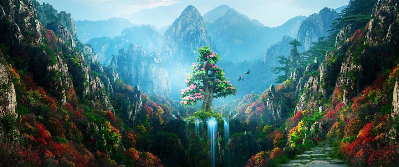 瀑布,仙境,树,花,山谷,3440x1440带鱼屏风景壁纸
