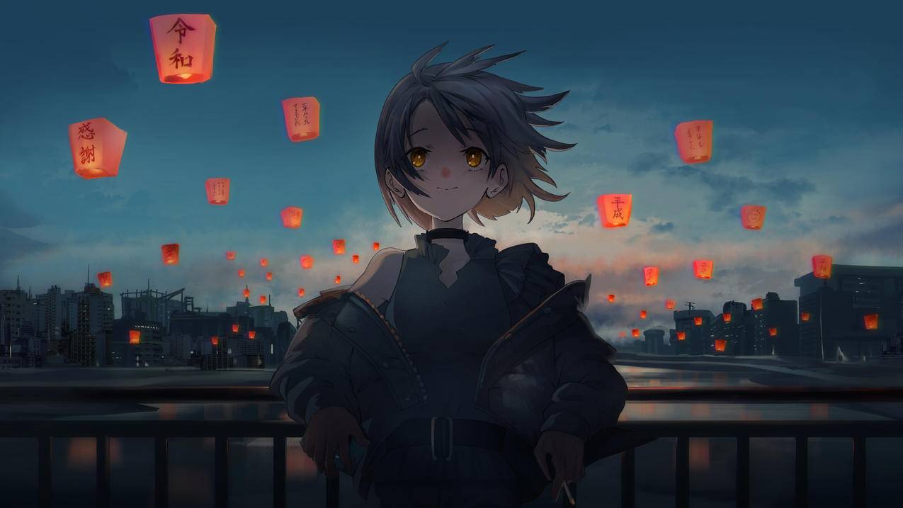 好年,新年,孔明灯,女孩,4K动漫壁纸
