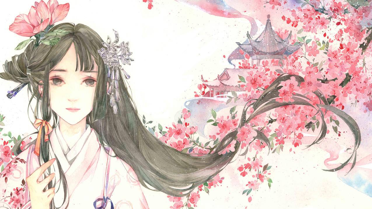 海棠唯美古风女子,4K动漫壁纸
