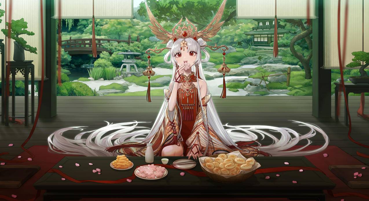 糕点,女孩,花瓣,庭院,4K高清动漫壁纸