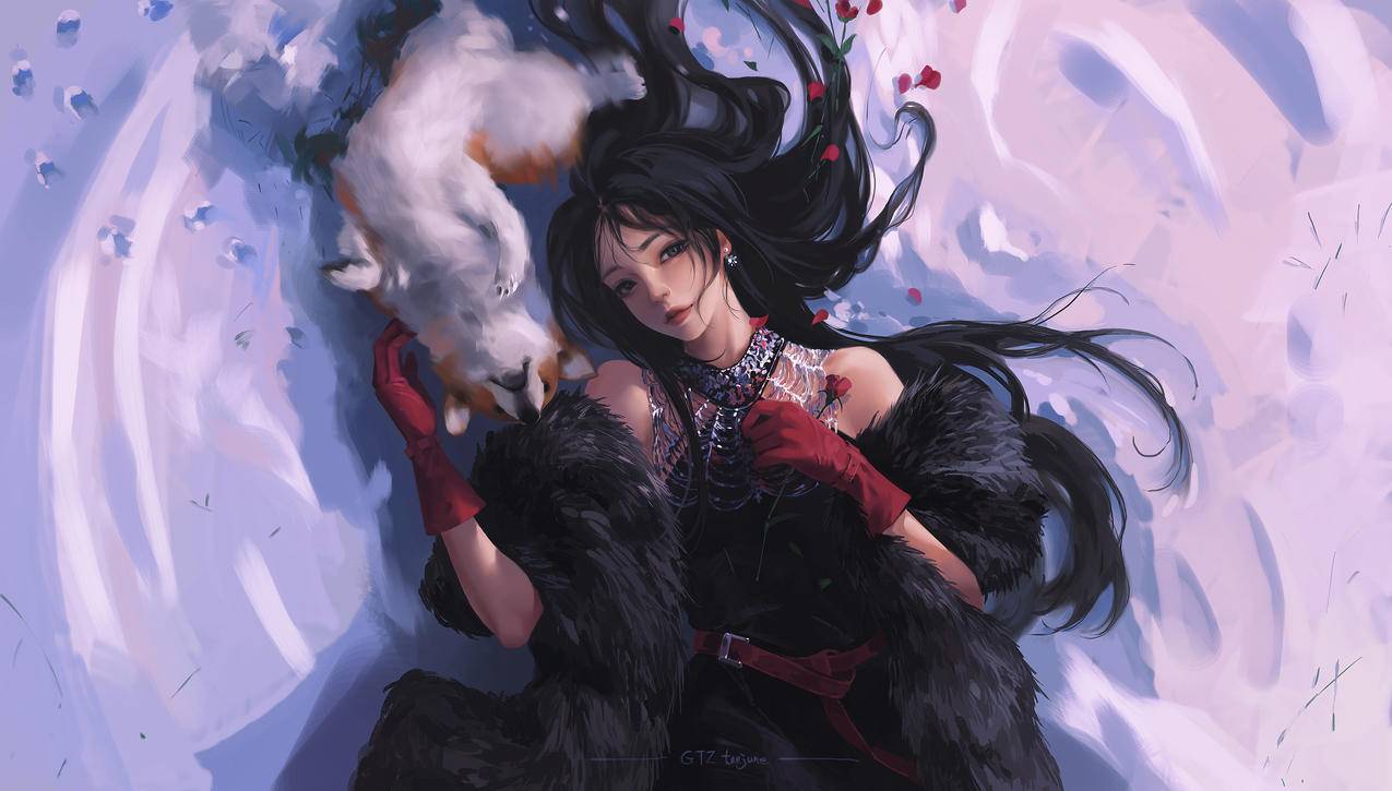 冬季躺在雪地的女孩,黑衣,披肩,玫瑰花,小狗,4K高清壁纸