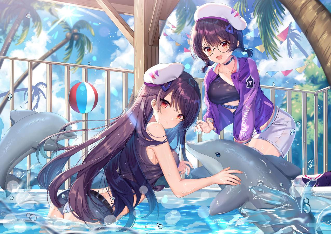 《少女咖啡枪》海豚,泳池,球,女孩,4K高清动漫壁纸