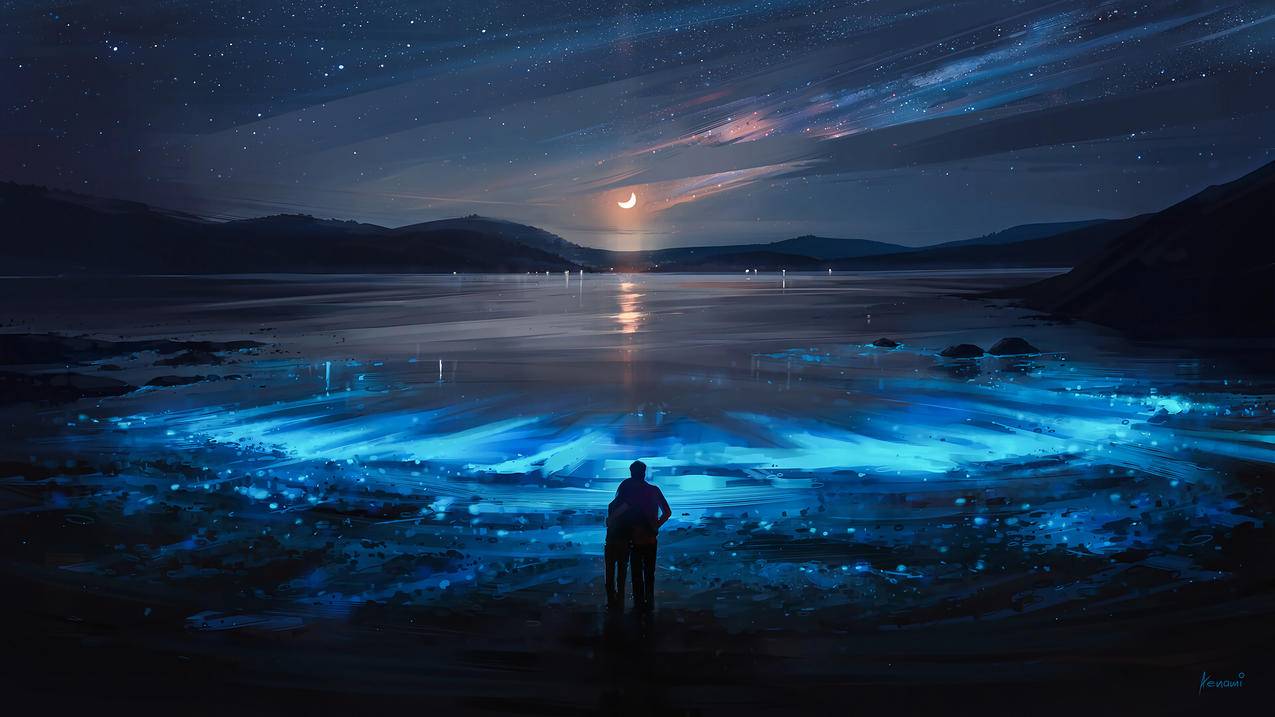 晚上,星星,月亮,浪漫恋人,4K高清壁纸
