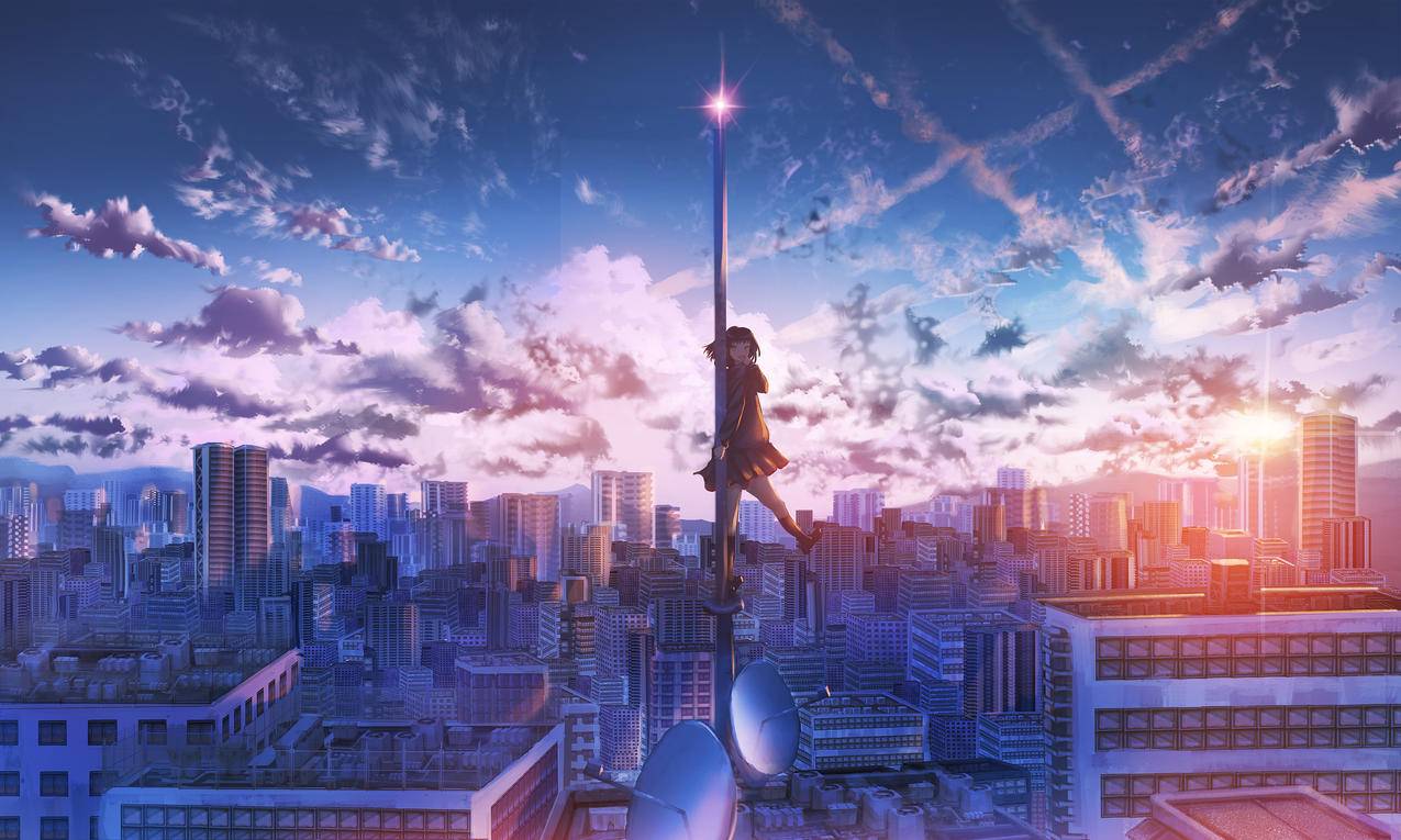 云,天空,城市,女孩,星星,4K高清动漫壁纸