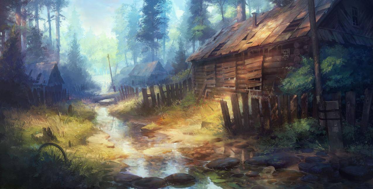 森林,河水,小木屋,动漫插画风景,5k高清壁纸