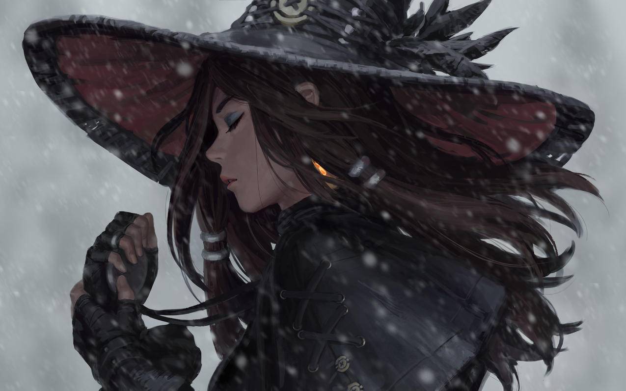 女孩,闭眼,巫女帽子,雪,冬季,4K唯美动漫壁纸