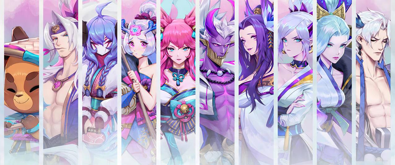 LOL灵魂莲华节,阿狸,莉莉娅,锐雯,薇恩英雄联盟3440x1440带鱼屏壁纸
