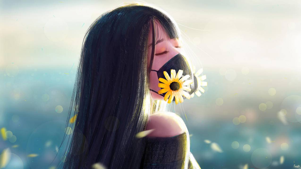 长发女孩,闭眼,口罩,鲜花,露肩,4K高清动漫壁纸