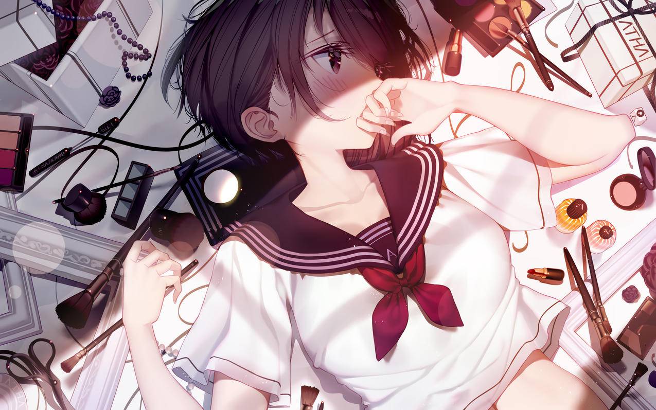 女子,水手服,短发,化妆品,可爱,4K高清动漫壁纸