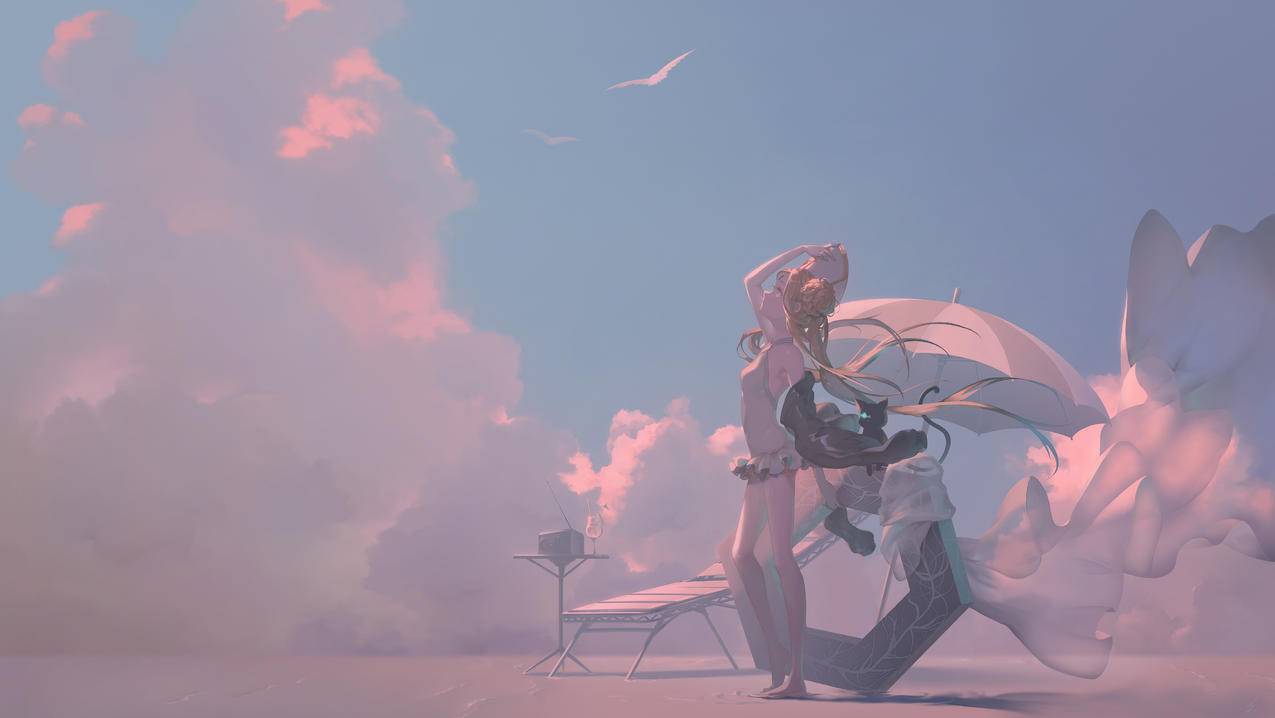 《Fate》天空,云,女孩,沙滩椅,伞,唯美,4K高清动漫壁纸