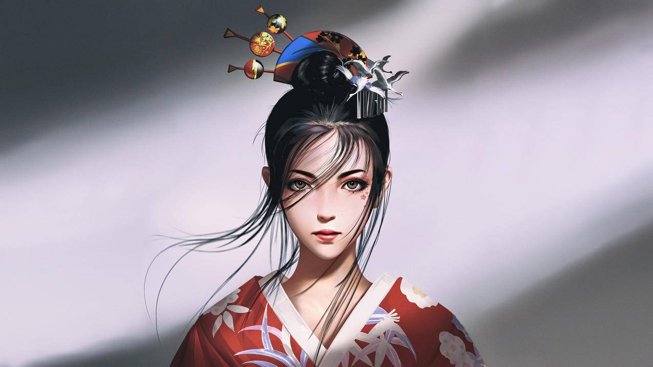 和服,头饰,丸子头,4K动漫壁纸