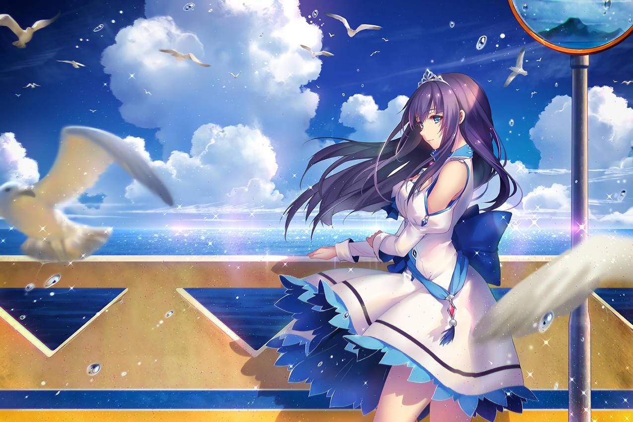 海边海鸥动漫美少女,4K动漫高清壁纸