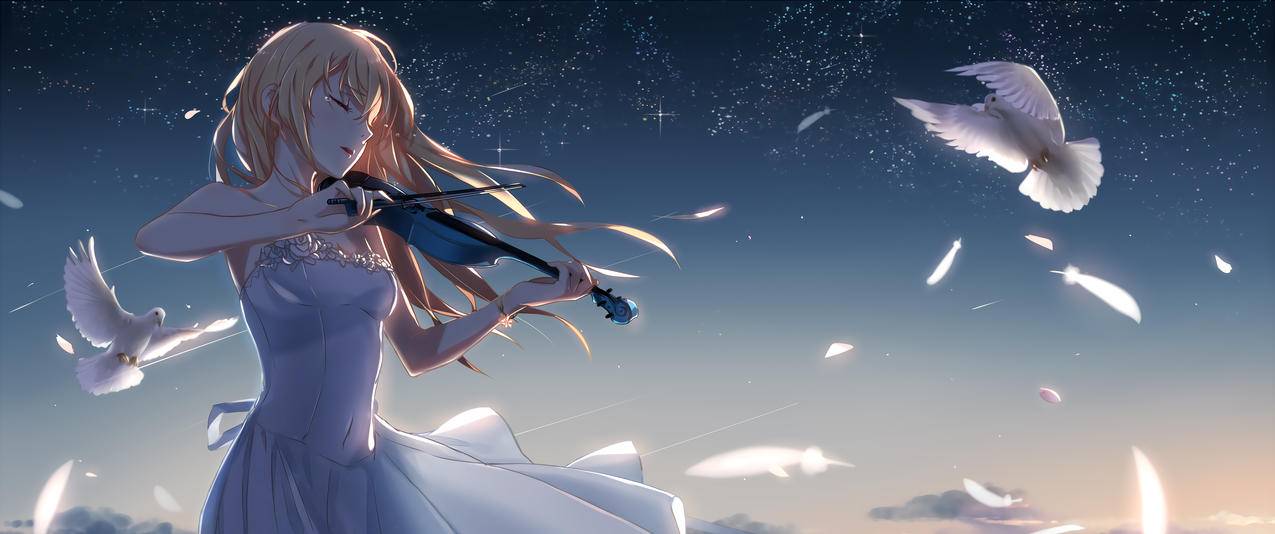 唯美天空,鸽子,拉小提琴的少女3440x1440壁纸