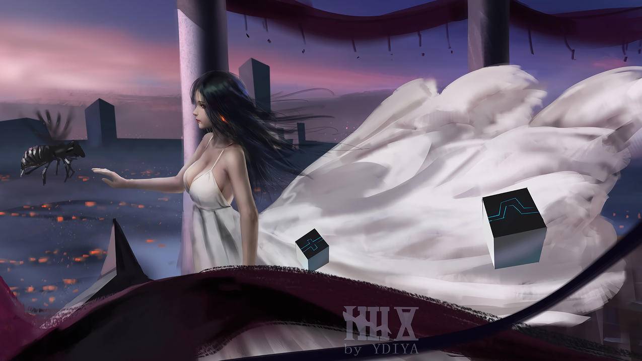 虫子,长发女子,白色长裙子,风景,4K动漫壁纸