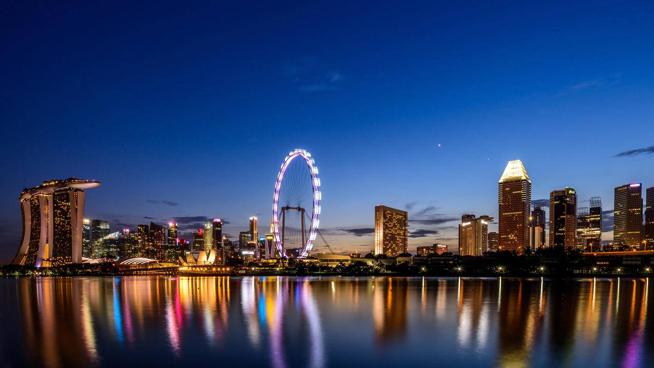 费里斯轮,摩天轮,夜晚海边城市,摩天大楼4k风景壁纸
