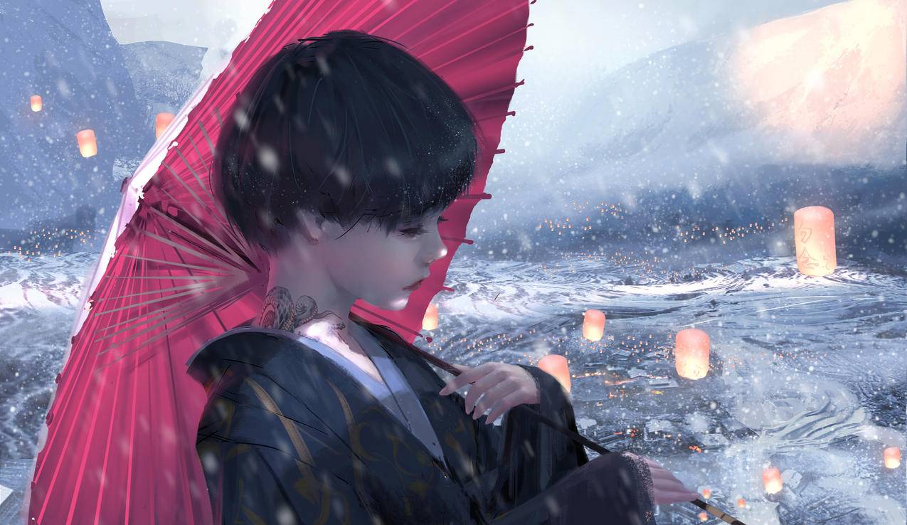 小绿,油纸伞,雪,4K高清动漫壁纸
