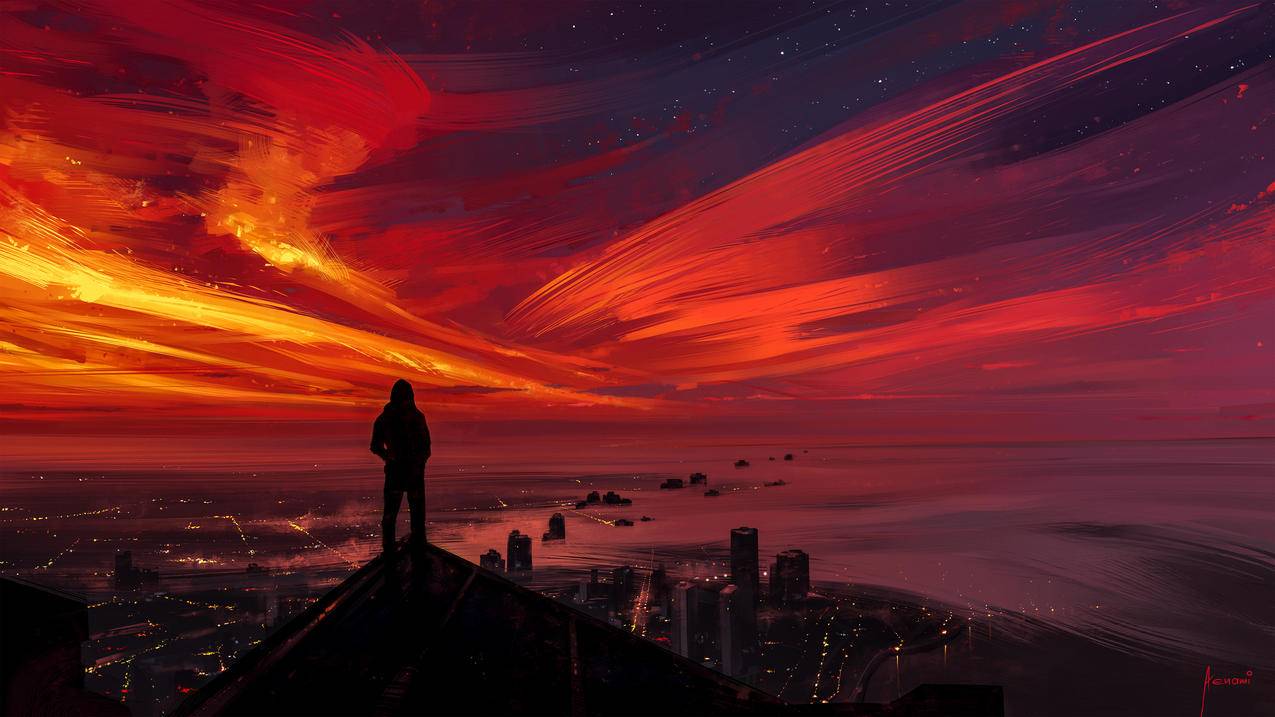 风浪,城市,建筑,摩天大楼,插图,绘画,日落风景,4k高清壁纸