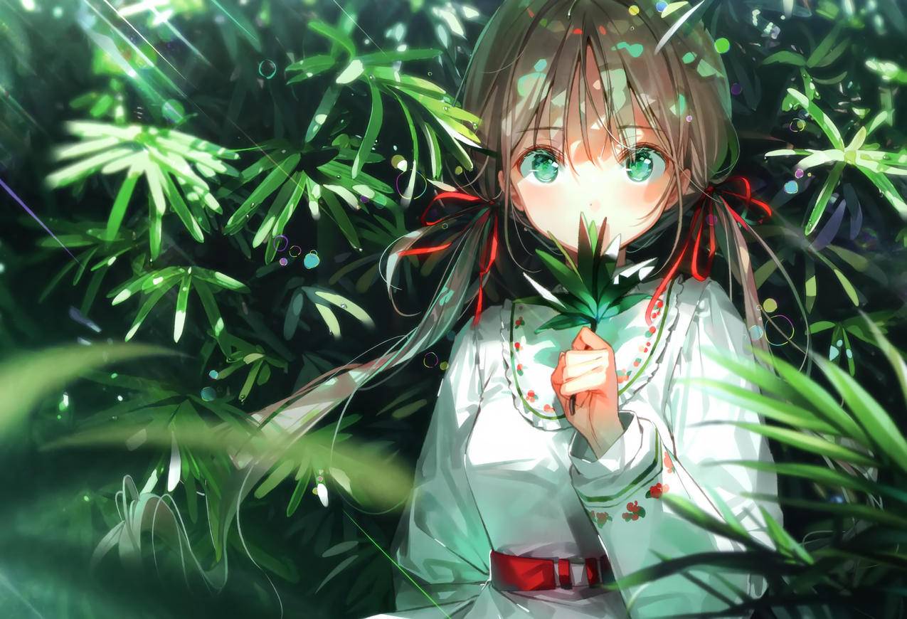 叶子,阳光,雨,水珠,女孩,清新,绿色,唯美,4K高清动漫壁纸