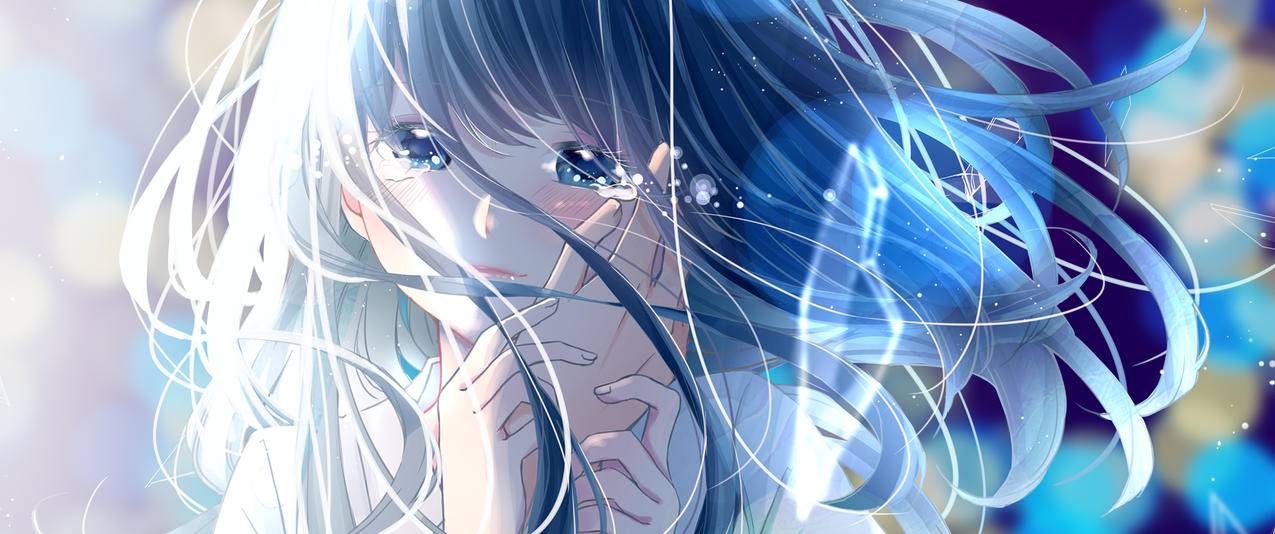 长发动漫女生,眼泪,手,3440x1440动漫壁纸
