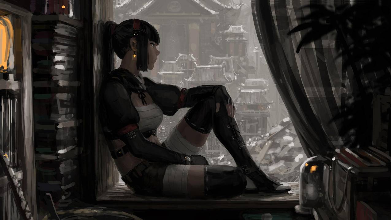 马尾女孩,窗,帘,雪,4K高清动漫壁纸