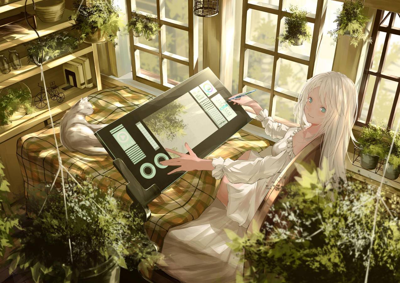房间,床,女孩画画,猫,植物,绿植,唯美,4K高清动漫壁纸