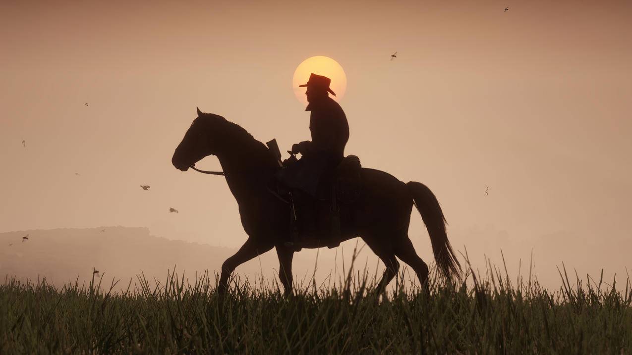 《荒野大镖客,救赎-Red,Dead,Redemption》骑马,落日,草地,4K高清壁纸
