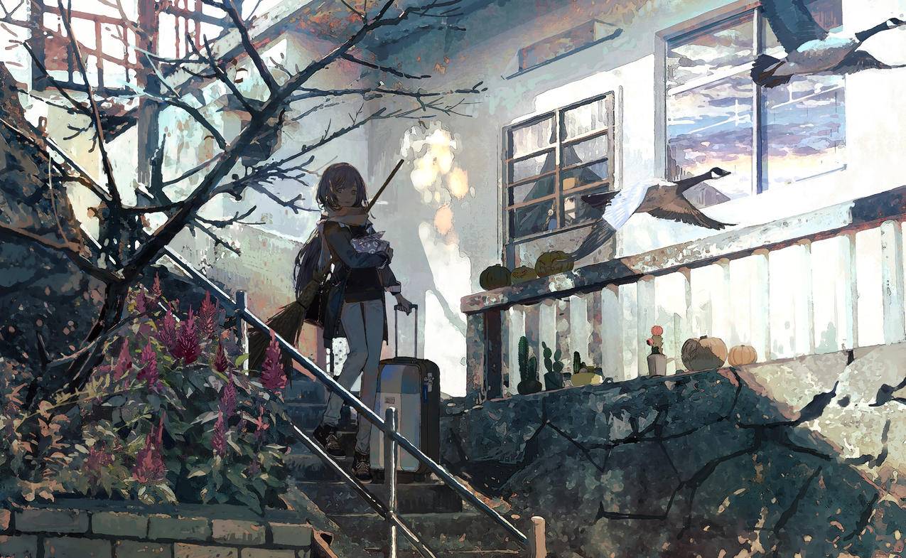 女孩,长头发,围巾,行李箱,楼梯,花,树,风景,4K高清动漫壁纸