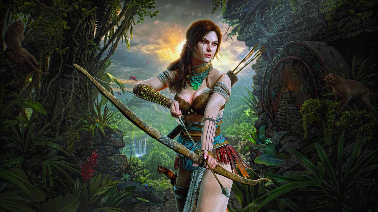 《猎人女孩Lara,Croft,Hunter,Girl》弓箭,森林,猴子,藤蔓,4K高清壁纸