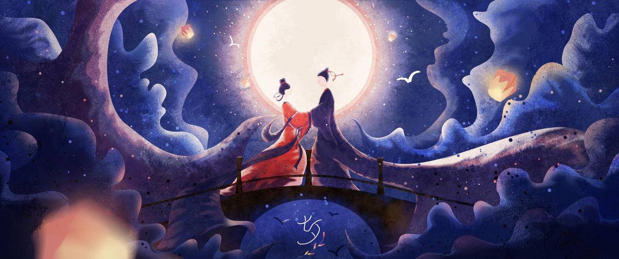 七夕节 牛郎织女 手绘 插画3440x1440壁纸