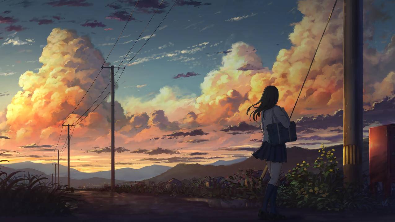 太美了,夏天,黄昏,女孩子,电线杆,唯美,4K动漫壁纸