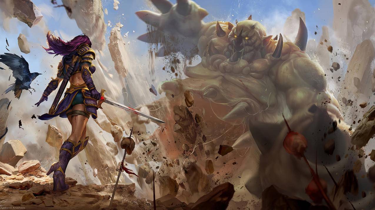 《剑圣冠军-Juggernaut,Champions》怪兽,沙子,紫发女孩,鸟,长剑,4K高清壁纸