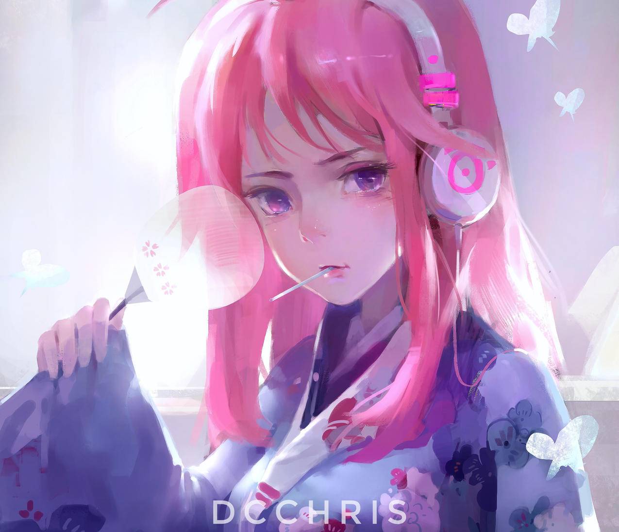 粉色头发,女生,女式耳机,dcchris插画,4K高清动漫壁纸