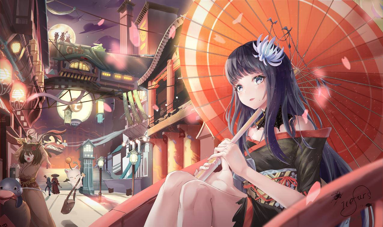 《最终幻想》和服,夜晚,月亮,女孩,伞,4K高清动漫壁纸
