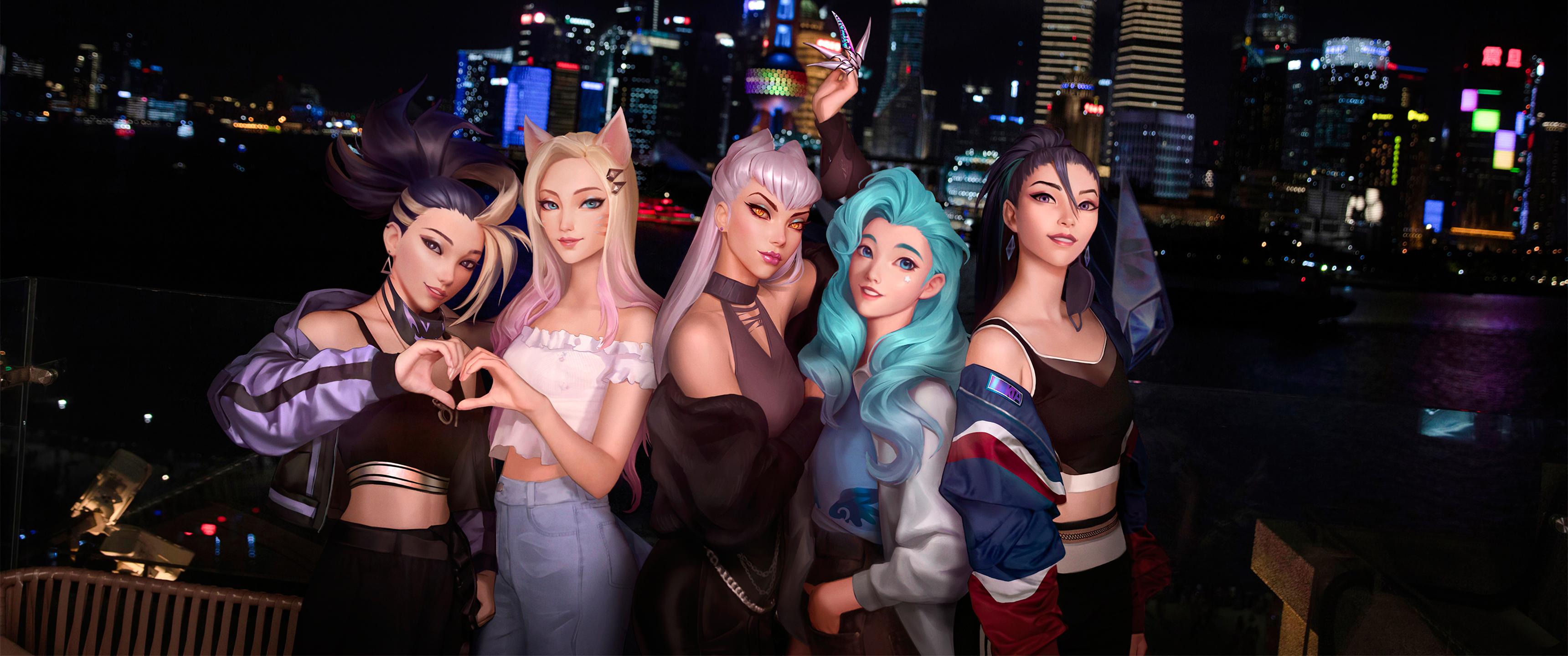 英雄联盟KDA,MORE,阿狸,萨勒芬妮,阿卡丽,伊芙琳,卡莎3440x1440带鱼屏壁纸