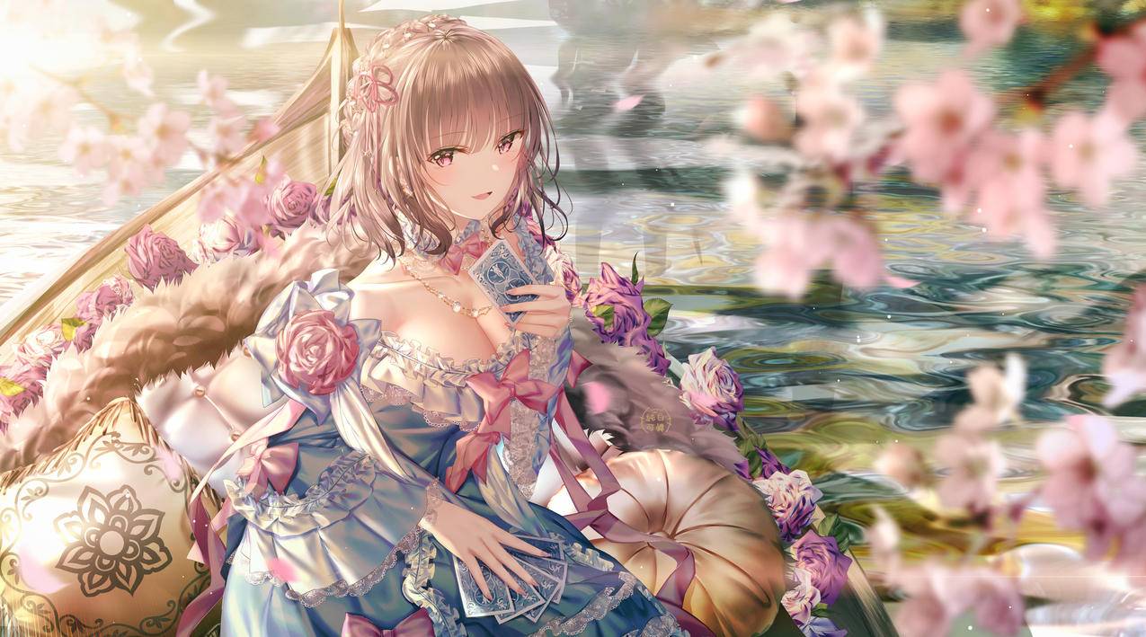 女孩,漂亮裙子,玫瑰花,桃花,湖水,船,占卜卡牌,4K动漫高清壁纸